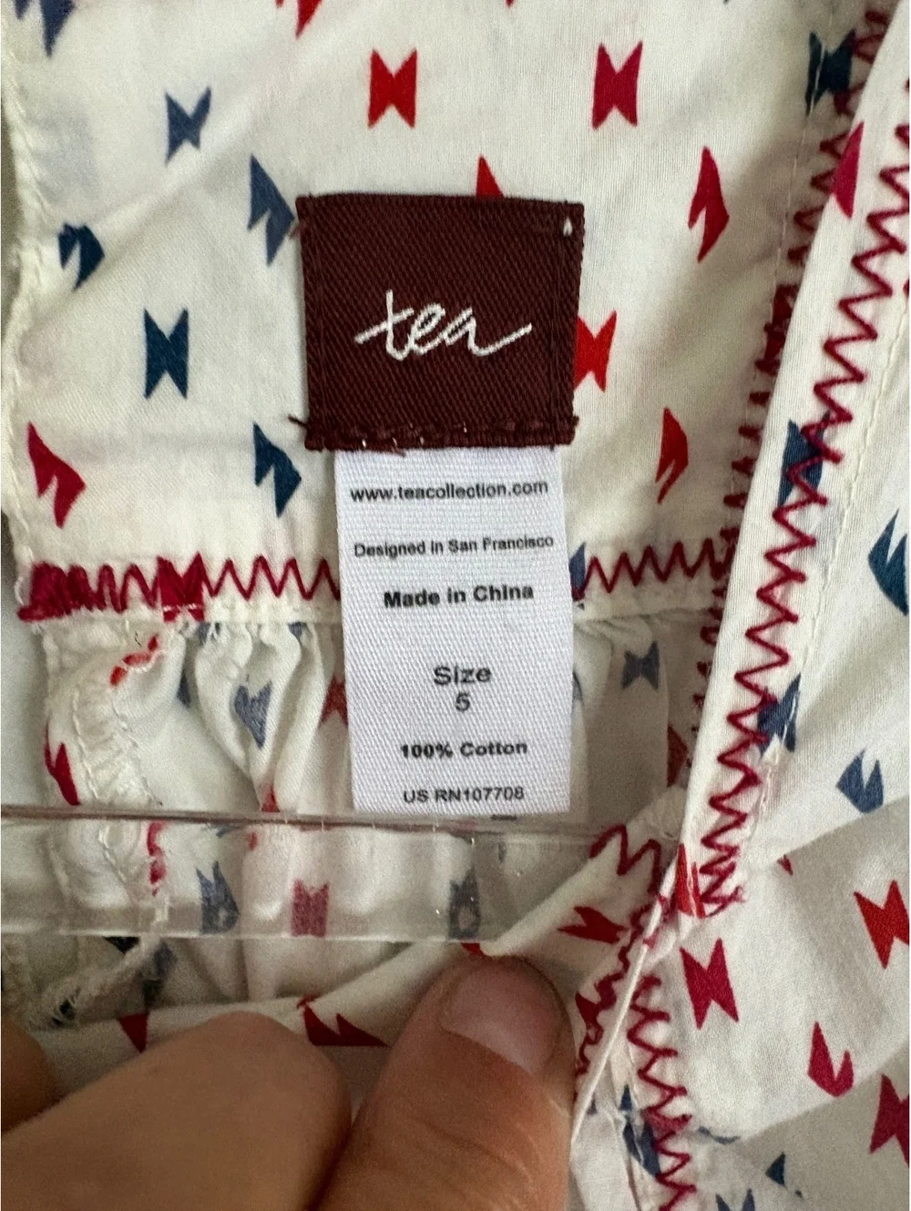 Tea | Girls 100% Cotton Lightweight White Red Blue Short Sleeve Dress Size 5